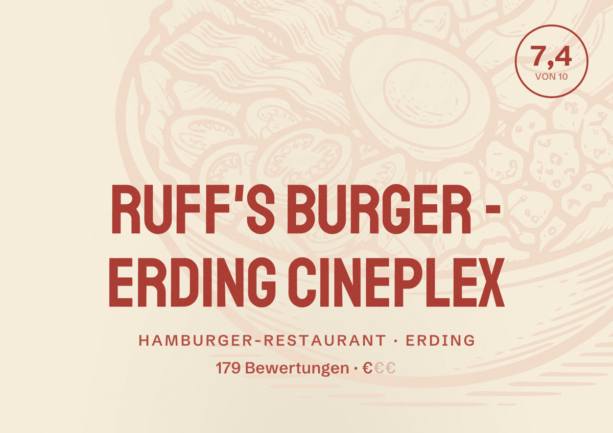 Illustriertes Poster von Ruff's Burger - Erding Cineplex, Hamburger-Restaurant in Erding: Bewertung 7,4 von 10 aus 179 Bewertungen, Preisniveau €