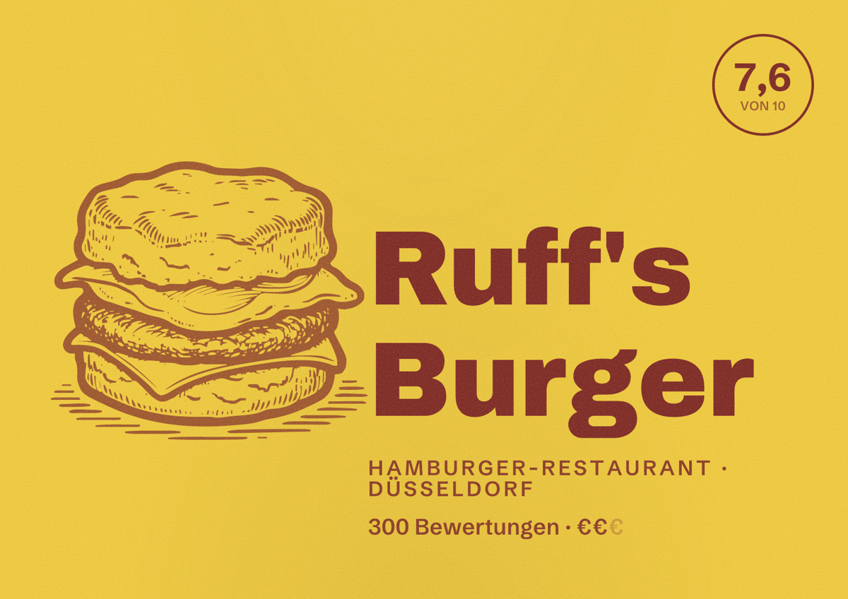 Illustriertes Poster von Ruff's Burger, Hamburger-Restaurant in Düsseldorf: Bewertung 7,6 von 10 aus 300 Bewertungen, Preisniveau €€