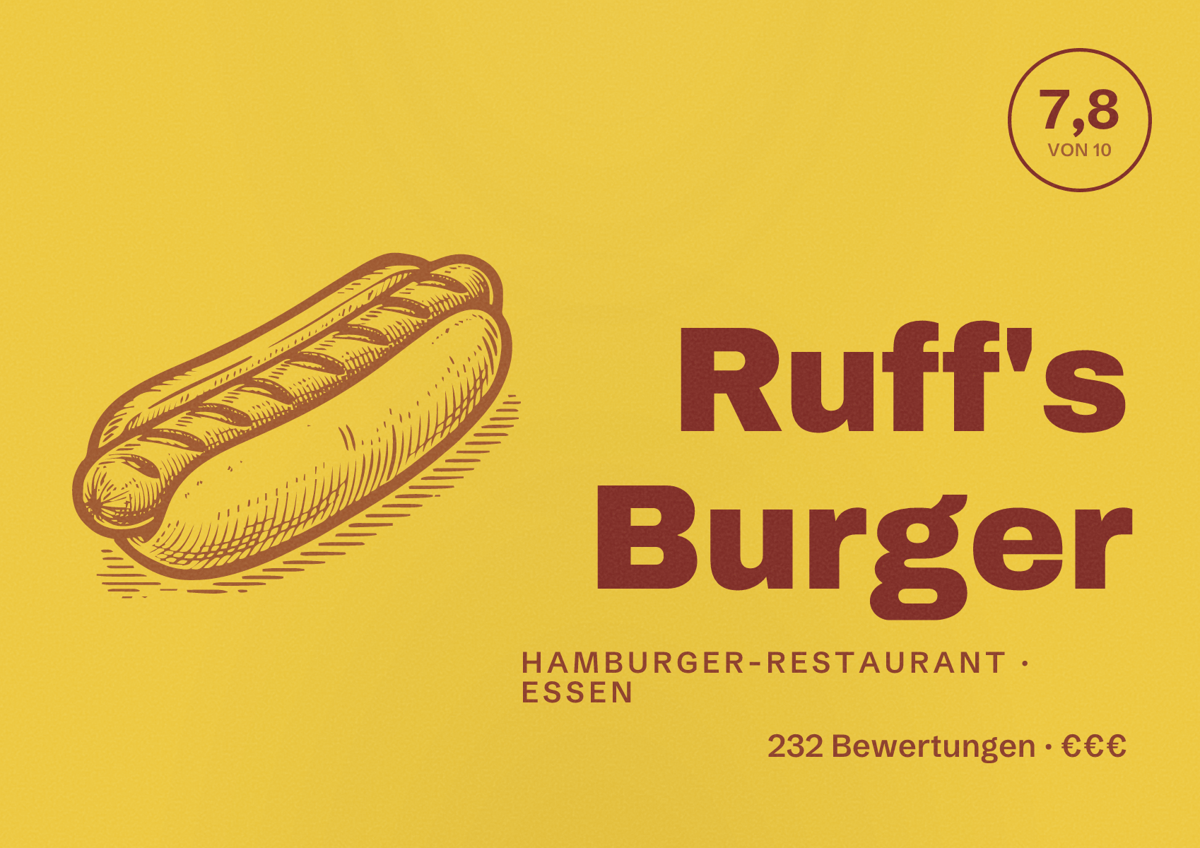 Illustriertes Poster von Ruff's Burger, Hamburger-Restaurant in Essen: Bewertung 7,8 von 10 aus 232 Bewertungen, Preisniveau €€€