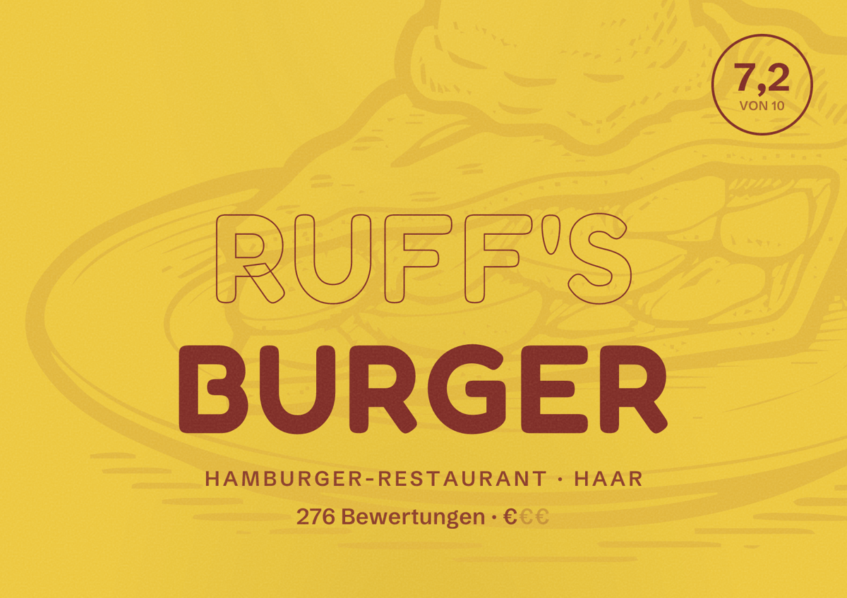 Illustriertes Poster von Ruff's Burger, Hamburger-Restaurant in Haar: Bewertung 7,2 von 10 aus 276 Bewertungen, Preisniveau €