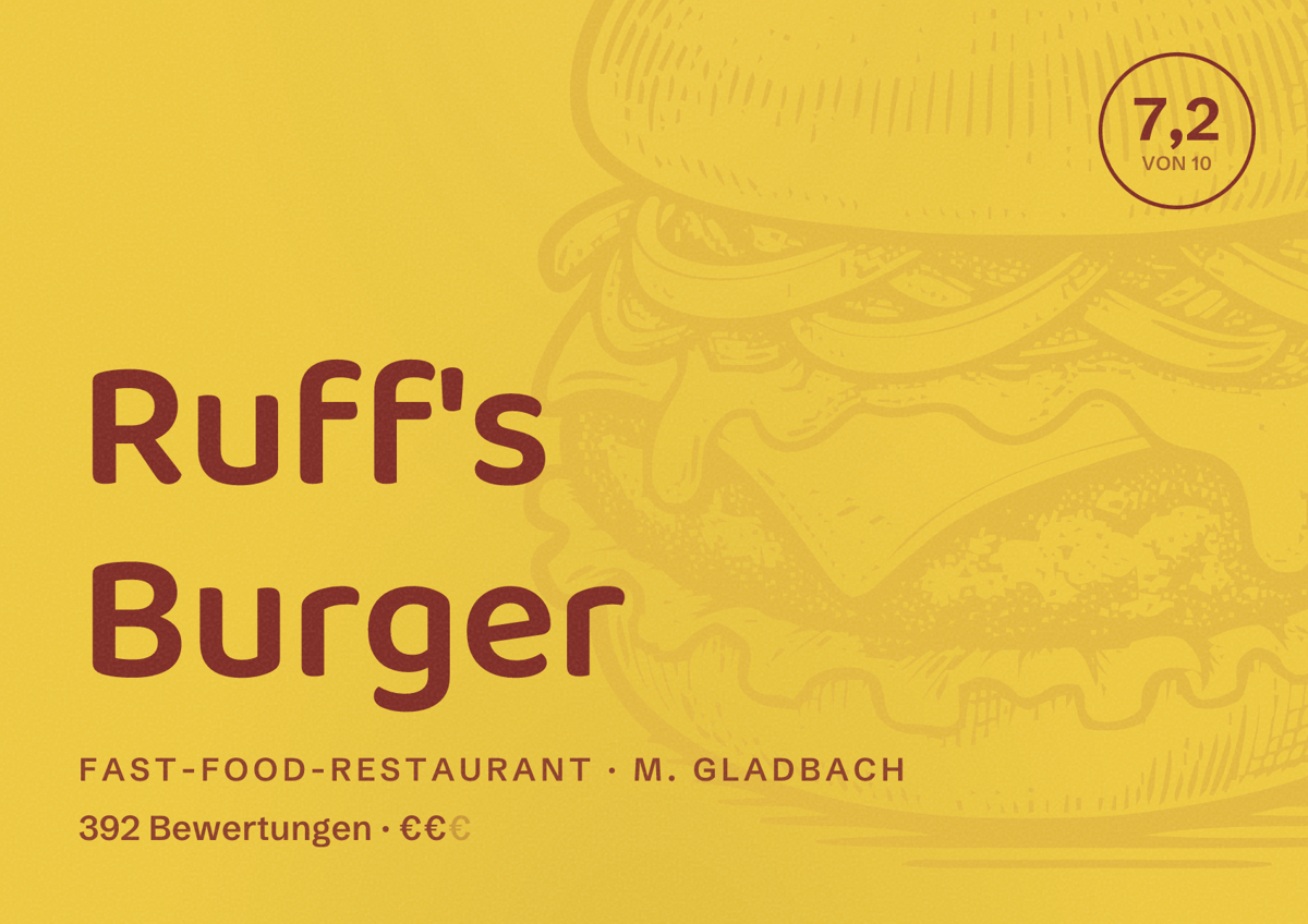 Illustriertes Poster von Ruff's Burger, Fast-Food-Restaurant in M. Gladbach: Bewertung 7,2 von 10 aus 392 Bewertungen, Preisniveau €€