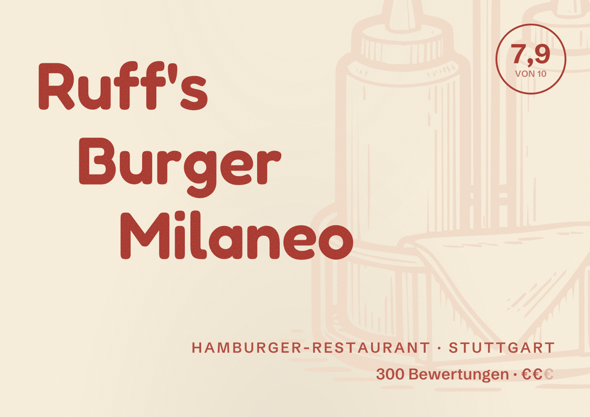 Illustriertes Poster von Ruff's Burger Milaneo, Hamburger-Restaurant in Stuttgart: Bewertung 7,9 von 10 aus 300 Bewertungen, Preisniveau €€