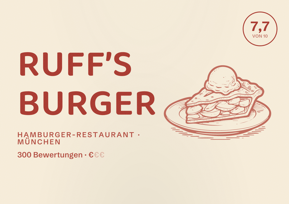 Illustriertes Poster von Ruff’s Burger, Hamburger-Restaurant in München: Bewertung 7,7 von 10 aus 300 Bewertungen, Preisniveau €