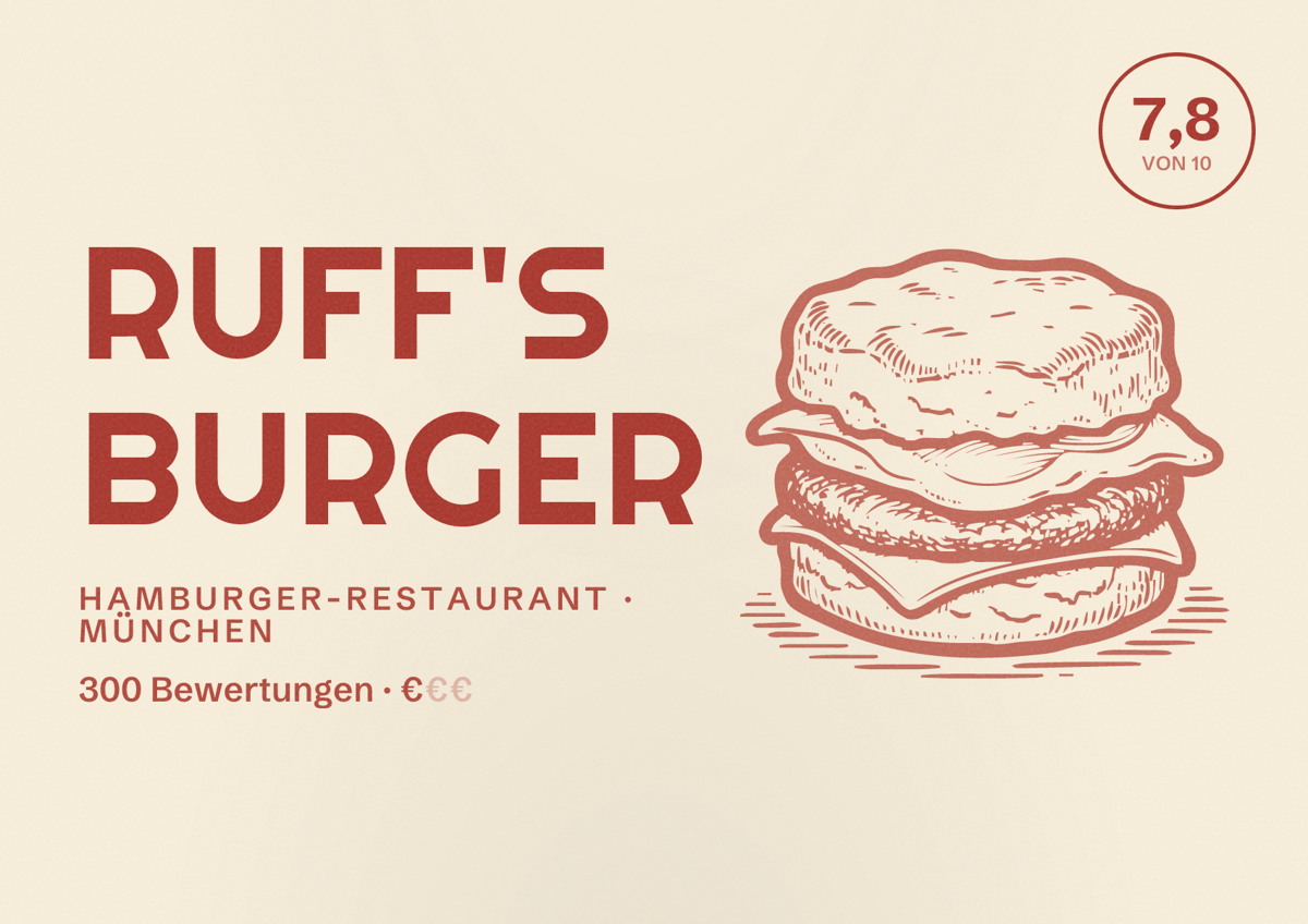 Illustriertes Poster von Ruff's Burger, Hamburger-Restaurant in München: Bewertung 7,8 von 10 aus 300 Bewertungen, Preisniveau €