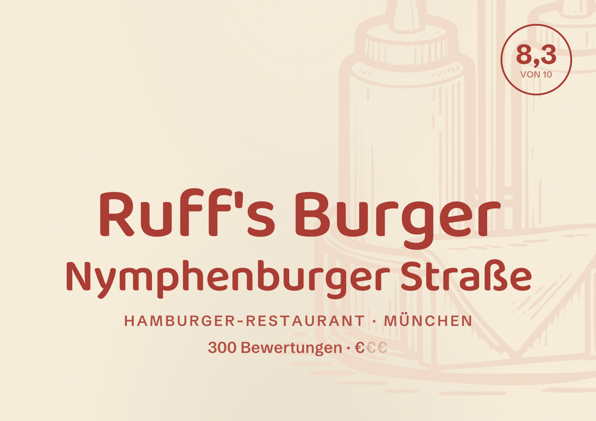 Illustriertes Poster von Ruff's Burger Nymphenburger Straße, Hamburger-Restaurant in München: Bewertung 8,3 von 10 aus 300 Bewertungen, Preisniveau €