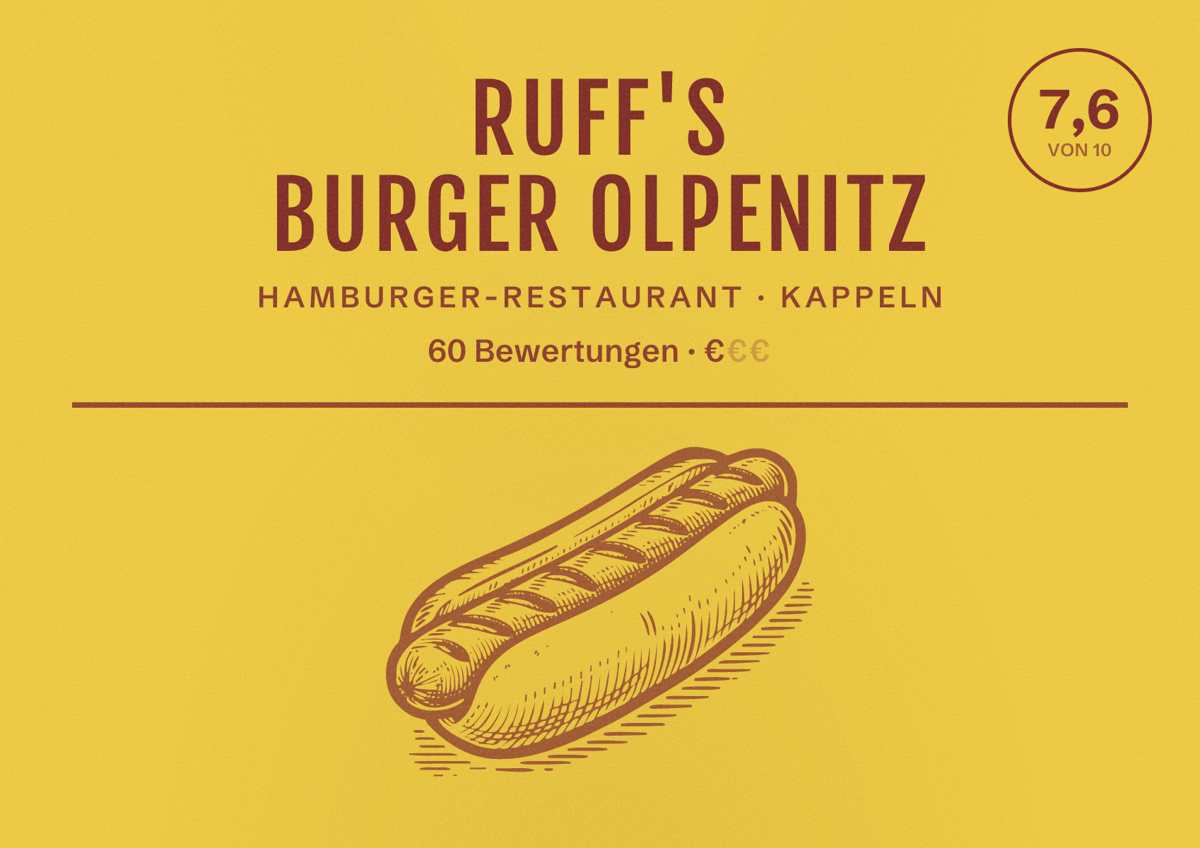 Illustriertes Poster von Ruff's Burger Olpenitz, Hamburger-Restaurant in Kappeln: Bewertung 7,6 von 10 aus 60 Bewertungen, Preisniveau €