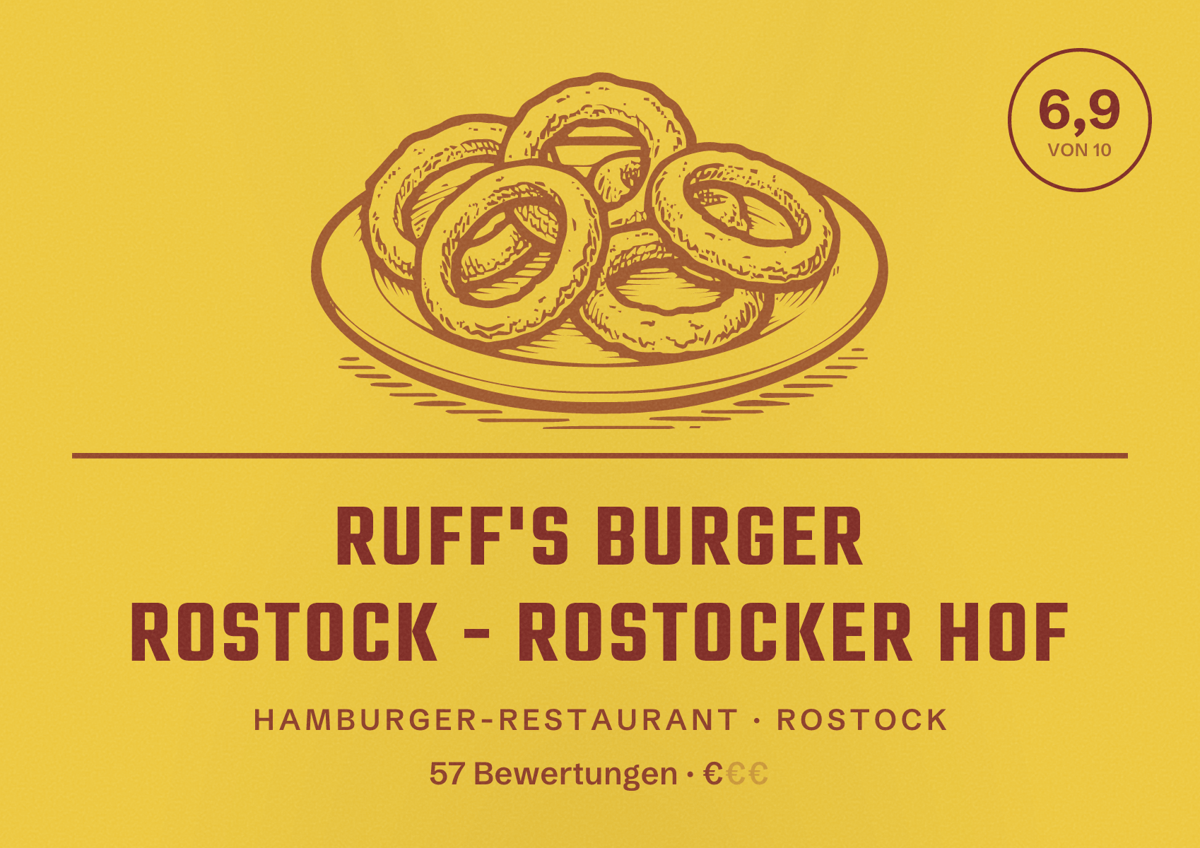 Illustriertes Poster von Ruff's Burger Rostock - Rostocker Hof, Hamburger-Restaurant in Rostock: Bewertung 6,9 von 10 aus 57 Bewertungen, Preisniveau €