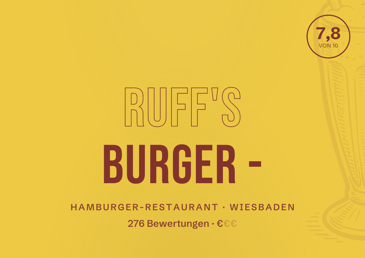 Illustriertes Poster von Ruff's Burger -, Hamburger-Restaurant in Wiesbaden: Bewertung 7,8 von 10 aus 276 Bewertungen, Preisniveau €
