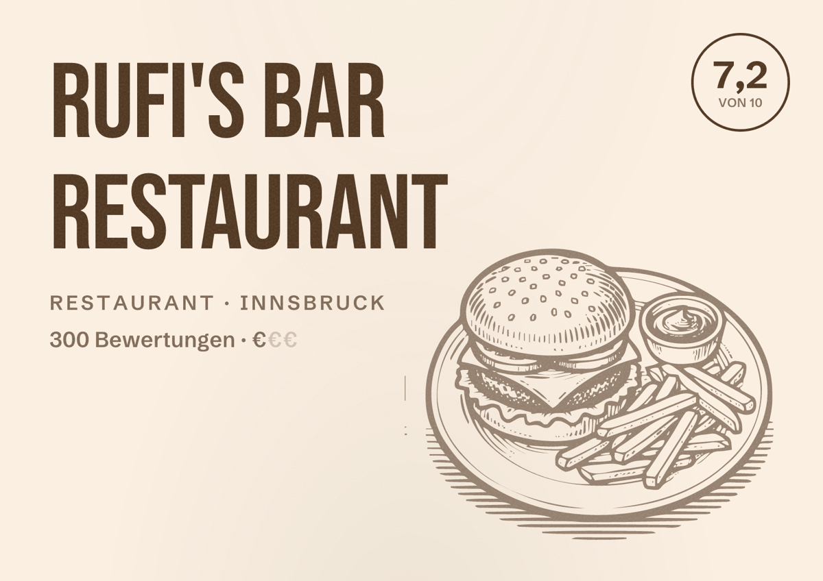 Illustriertes Poster von Rufi's Bar Restaurant, Restaurant in Innsbruck: Bewertung 7,2 von 10 aus 300 Bewertungen, Preisniveau €
