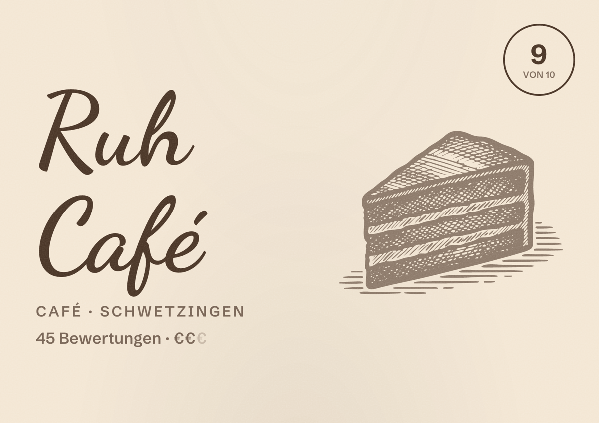 Illustriertes Poster von Ruh Café, Café in Schwetzingen: Bewertung 9 von 10 aus 45 Bewertungen, Preisniveau €€