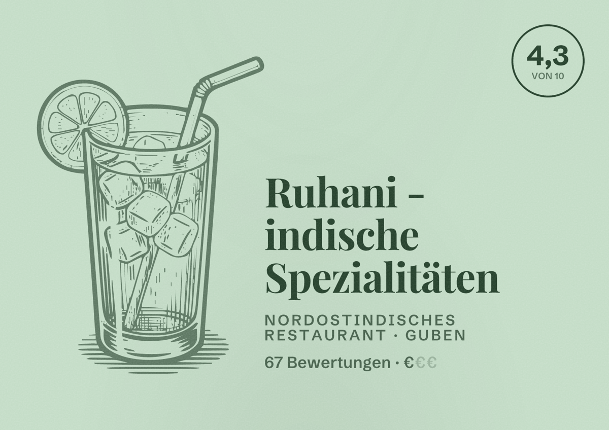 Illustriertes Poster von Ruhani - indische Spezialitäten, Nordostindisches Restaurant in Guben: Bewertung 4,3 von 10 aus 67 Bewertungen, Preisniveau €