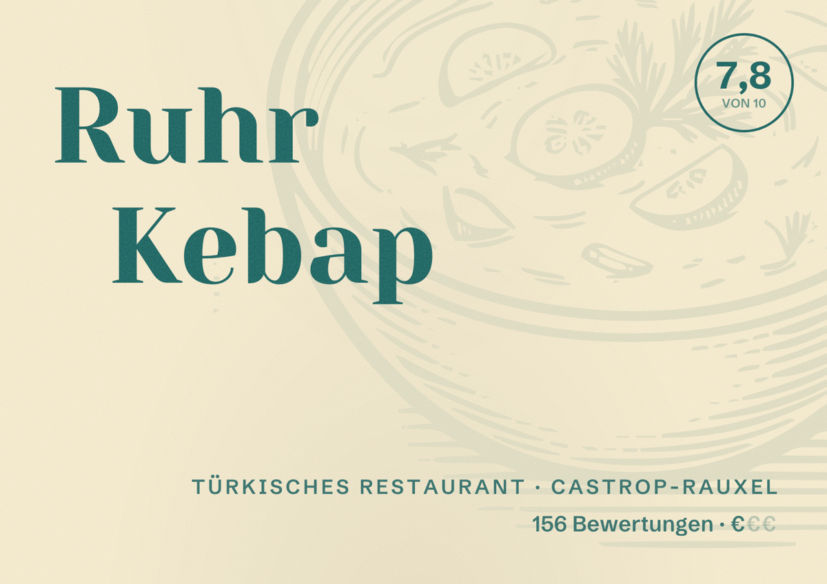 Illustriertes Poster von Ruhr Kebap, Türkisches Restaurant in Castrop-Rauxel: Bewertung 7,8 von 10 aus 156 Bewertungen, Preisniveau €