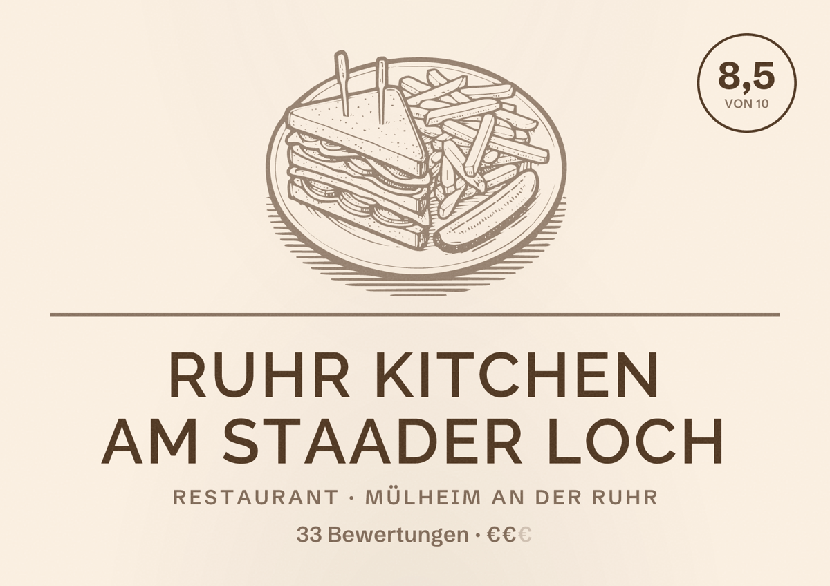 Illustriertes Poster von Ruhr Kitchen am Staader Loch, Restaurant in Mülheim an der Ruhr: Bewertung 8,5 von 10 aus 33 Bewertungen, Preisniveau €€