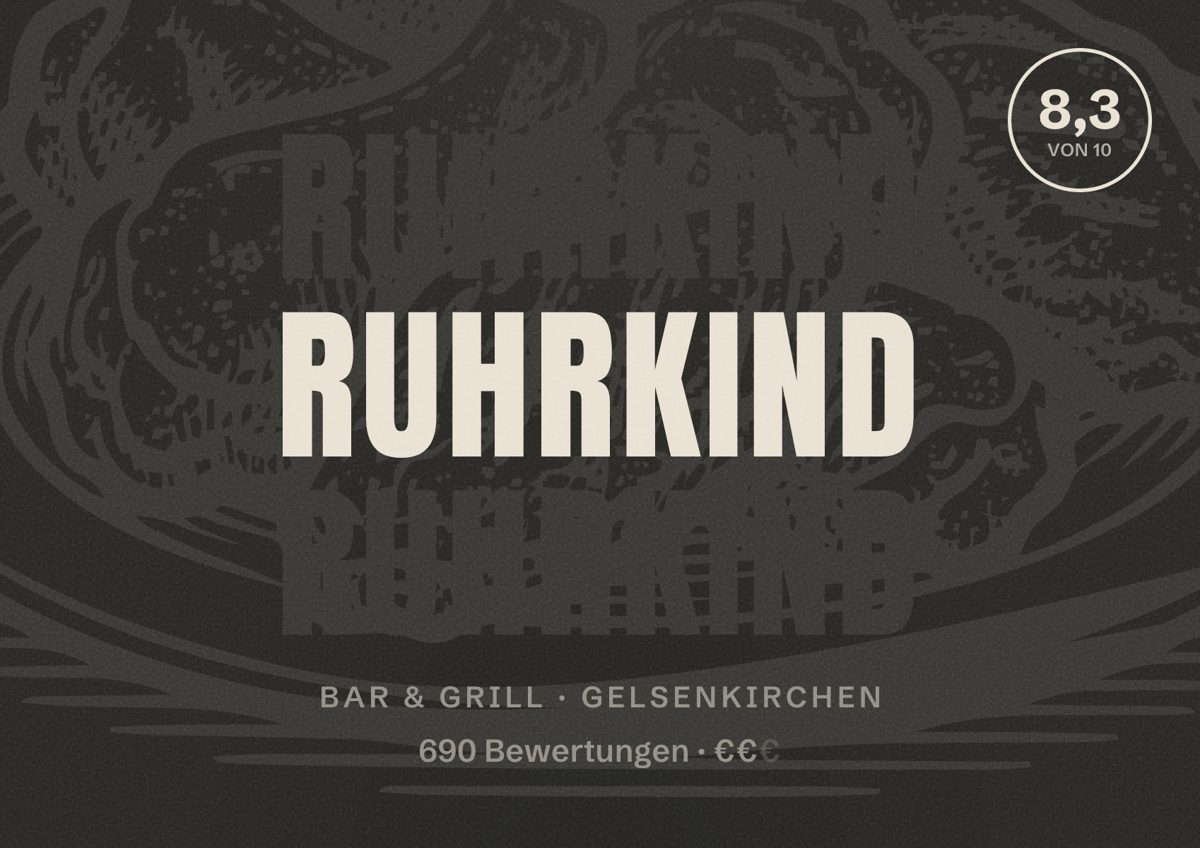 Illustriertes Poster von Ruhrkind, Bar & Grill in Gelsenkirchen: Bewertung 8,3 von 10 aus 690 Bewertungen, Preisniveau €€