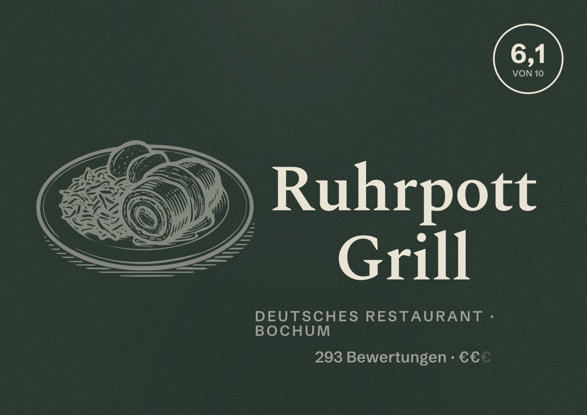 Illustriertes Poster von Ruhrpott Grill, Deutsches Restaurant in Bochum: Bewertung 6,1 von 10 aus 293 Bewertungen, Preisniveau €€