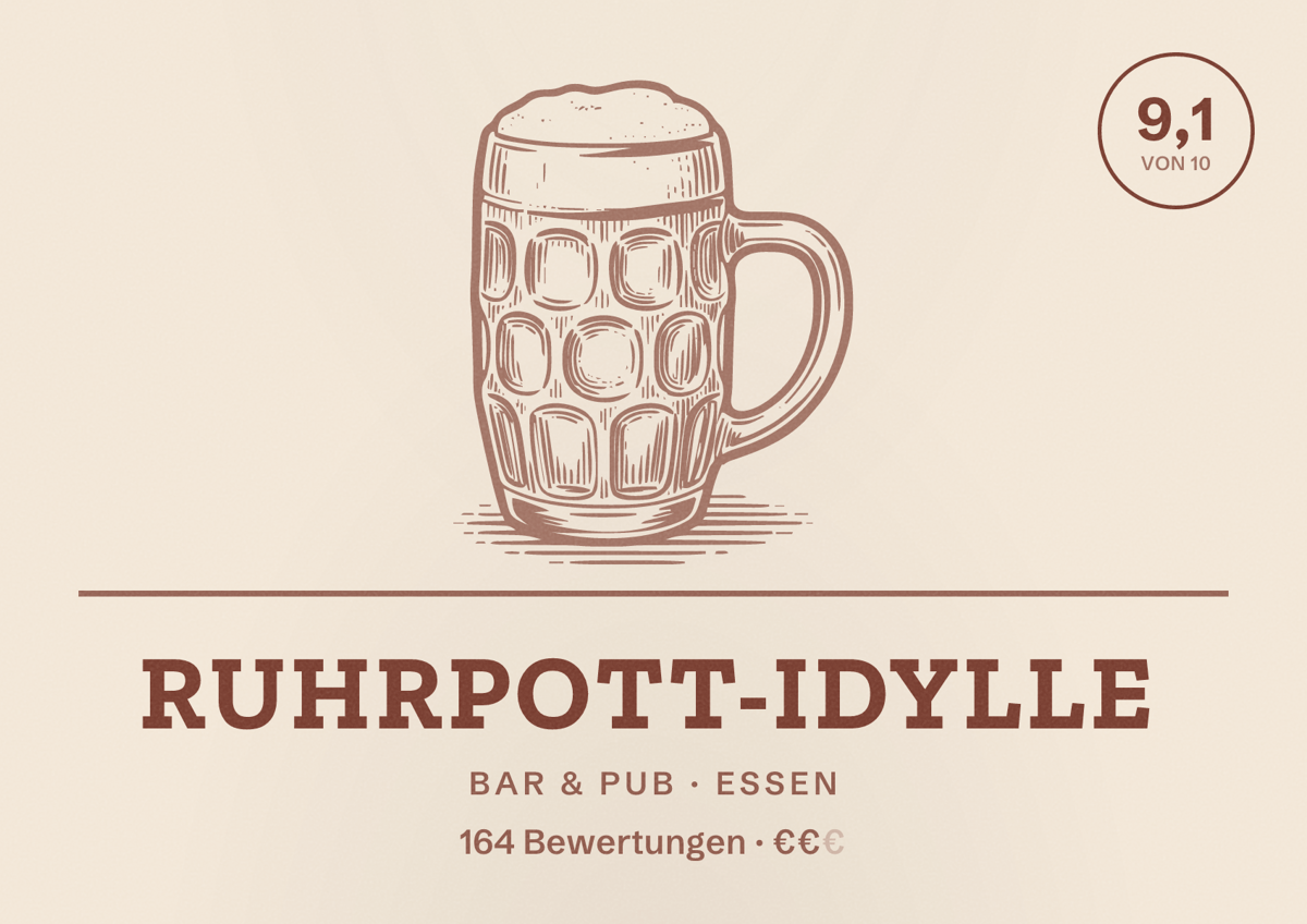 Illustriertes Poster von Ruhrpott-Idylle, Bar & Pub in Essen: Bewertung 9,1 von 10 aus 164 Bewertungen, Preisniveau €€