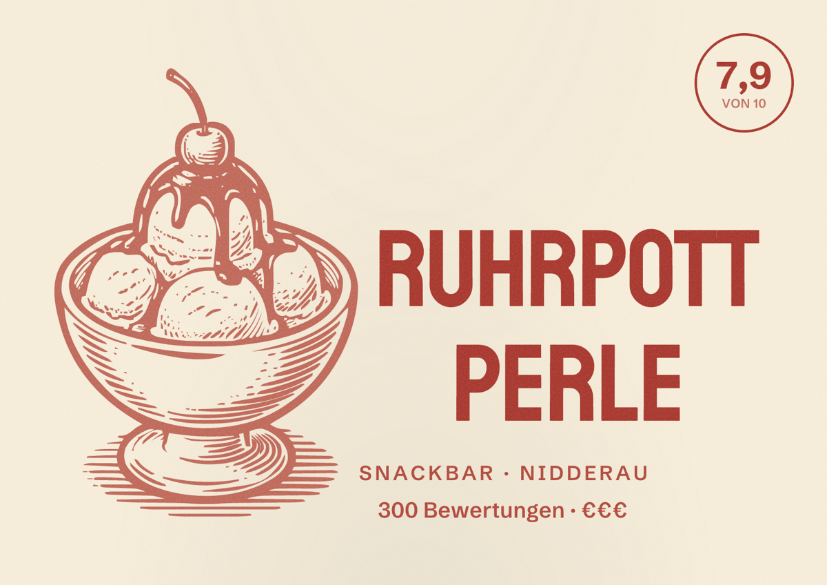 Illustriertes Poster von Ruhrpott Perle, Snackbar in Nidderau: Bewertung 7,9 von 10 aus 300 Bewertungen, Preisniveau €€€