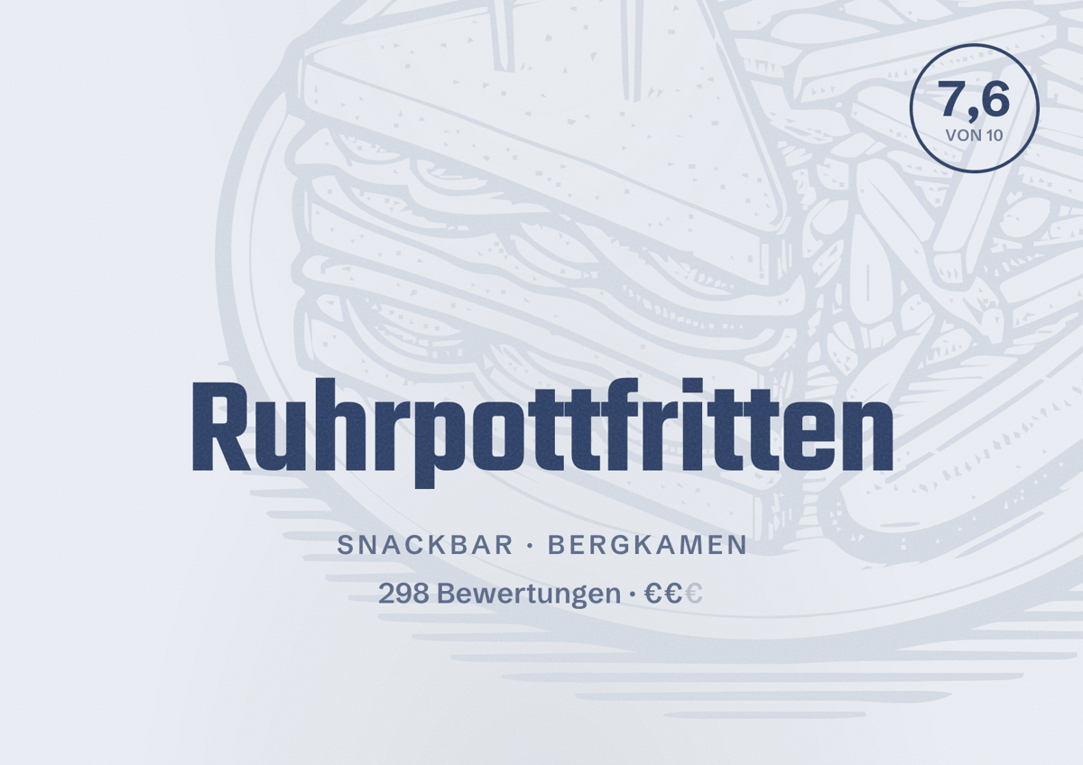 Illustriertes Poster von Ruhrpottfritten, Snackbar in Bergkamen: Gästebewertung 7,6 von 10 aus 298 Bewertungen