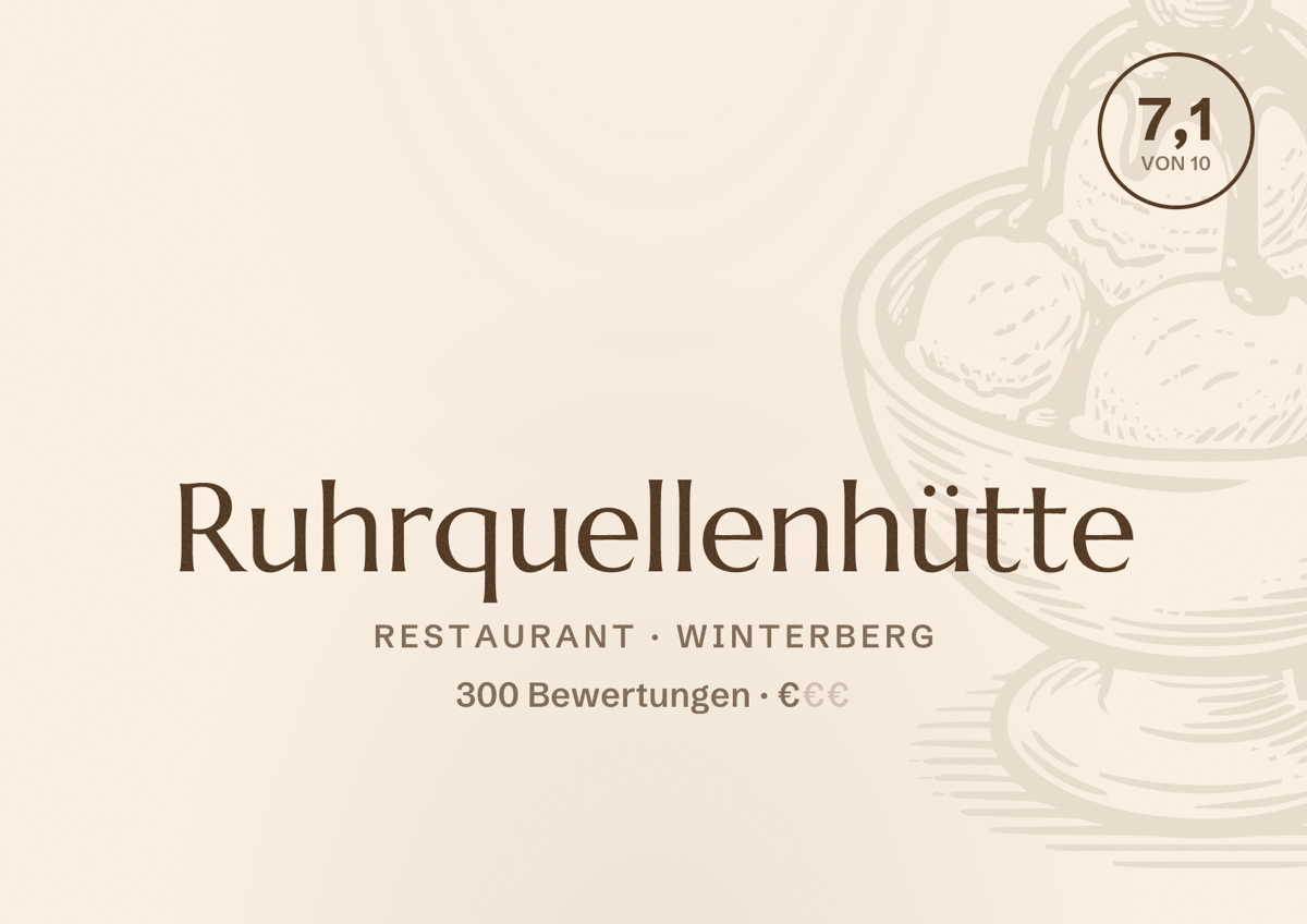 Illustriertes Poster von Ruhrquellenhütte, Restaurant in Winterberg: Bewertung 7,1 von 10 aus 300 Bewertungen, Preisniveau €
