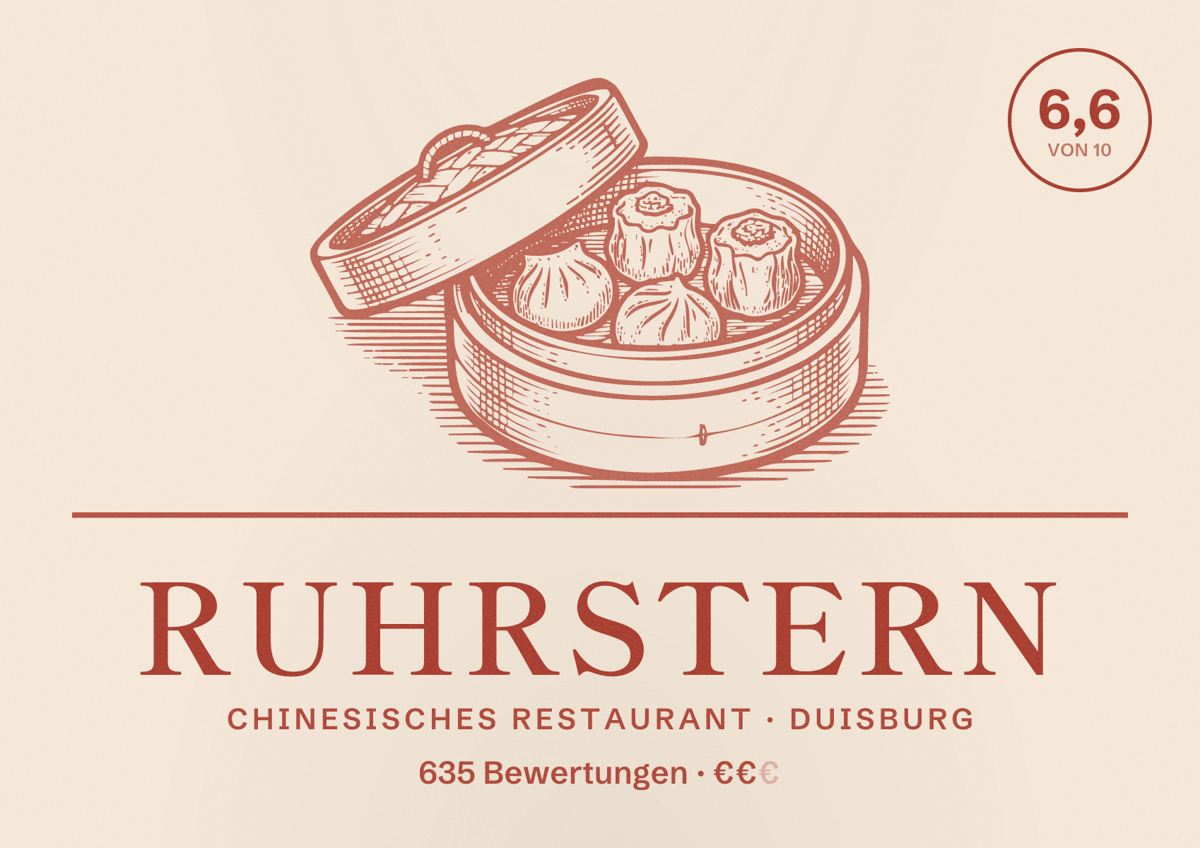 Illustriertes Poster von Ruhrstern, Chinesisches Restaurant in Duisburg: Bewertung 6,6 von 10 aus 635 Bewertungen, Preisniveau €€