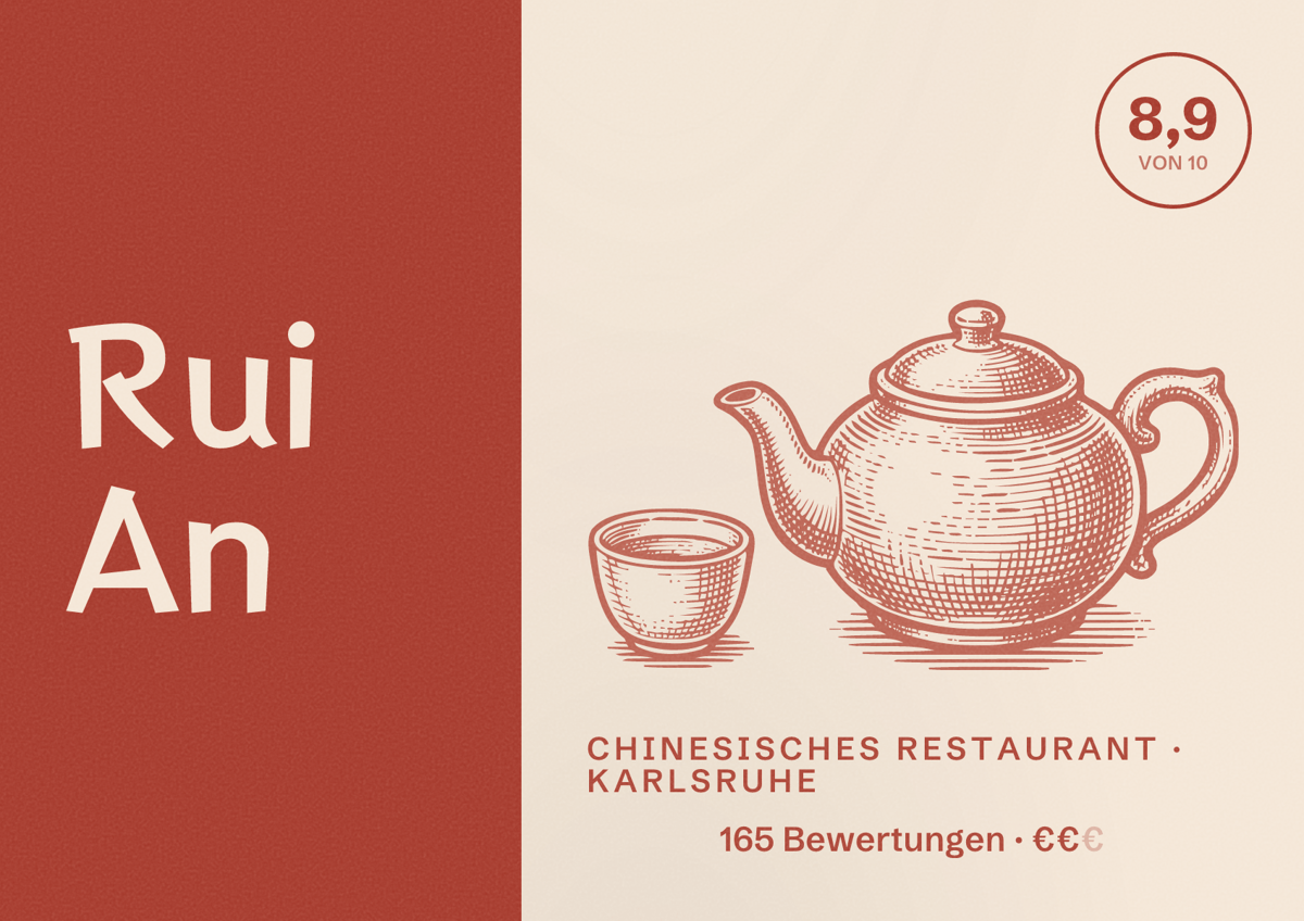 Illustriertes Poster von Rui An, Chinesisches Restaurant in Karlsruhe: Bewertung 8,9 von 10 aus 165 Bewertungen, Preisniveau €€