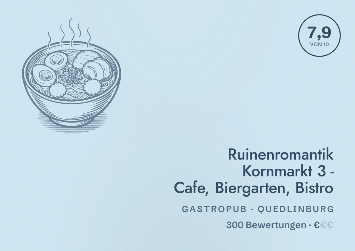 Illustriertes Poster von Ruinenromantik Kornmarkt 3 - Cafe, Biergarten, Bistro, Gastropub in Quedlinburg: Bewertung 7,9 von 10 aus 300 Bewertungen, Preisniveau €