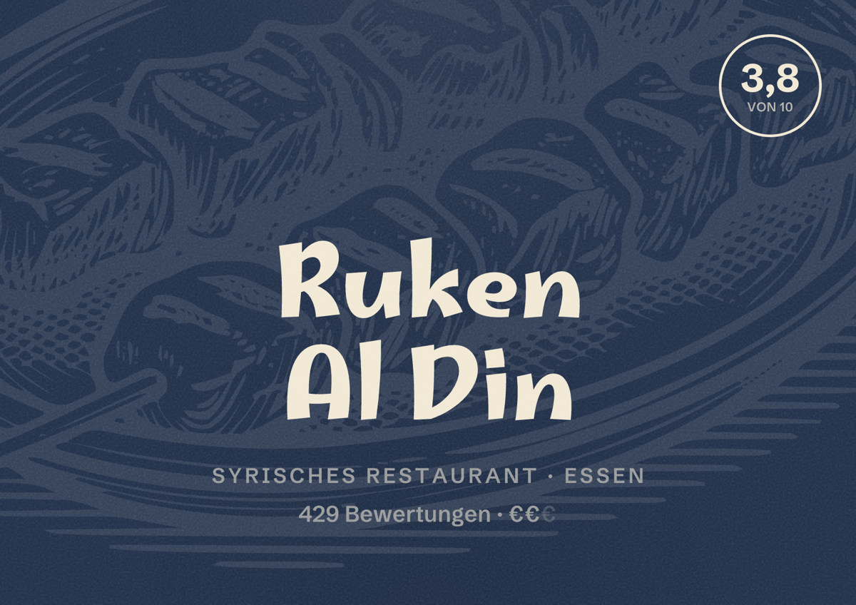 Illustriertes Poster von Ruken Al Din, Syrisches Restaurant in Essen: Bewertung 3,8 von 10 aus 429 Bewertungen, Preisniveau €€