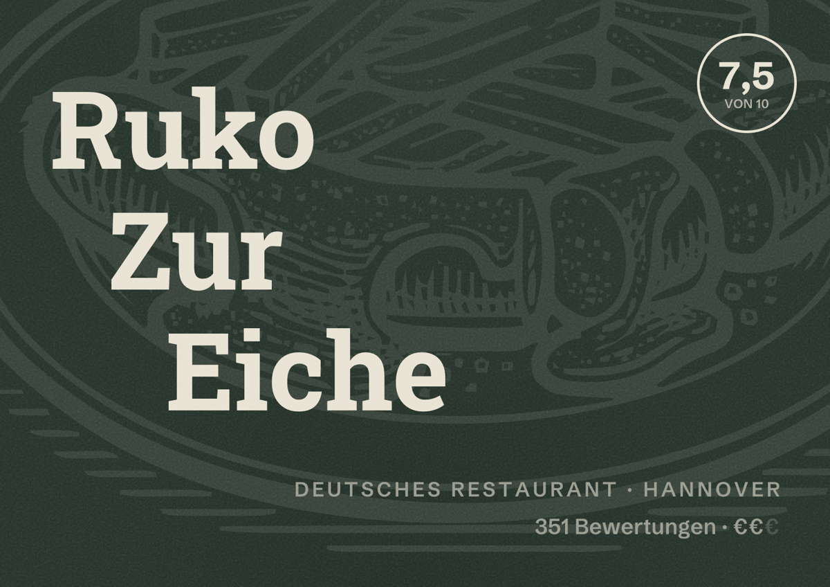 Illustriertes Poster von Ruko Zur Eiche, Deutsches Restaurant in Hannover: Bewertung 7,5 von 10 aus 351 Bewertungen, Preisniveau €€