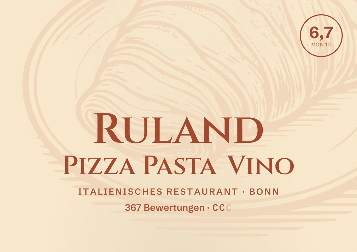 Illustriertes Poster von Ruland Pizza Pasta Vino, Italienisches Restaurant in Bonn: Bewertung 6,7 von 10 aus 367 Bewertungen, Preisniveau €€