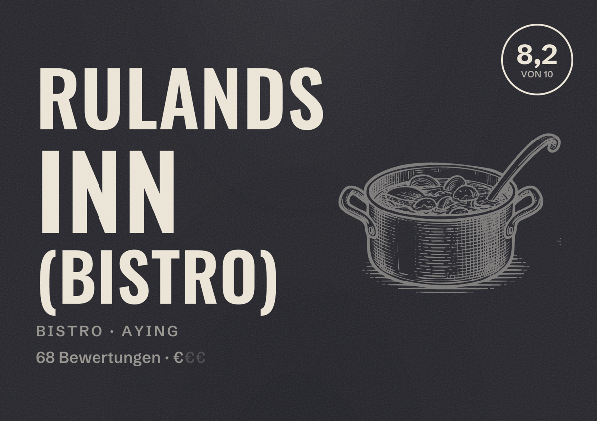 Illustriertes Poster von Rulands Inn (Bistro), Bistro in Aying: Bewertung 8,2 von 10 aus 68 Bewertungen, Preisniveau €