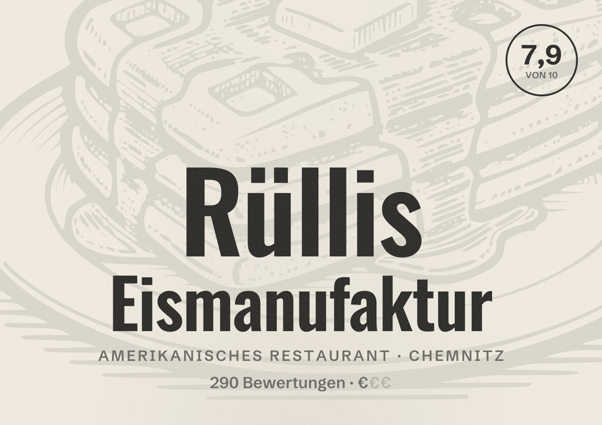 Illustriertes Poster von Rüllis Eismanufaktur, Amerikanisches Restaurant in Chemnitz: Gästebewertung 7,9 von 10 aus 290 Bewertungen