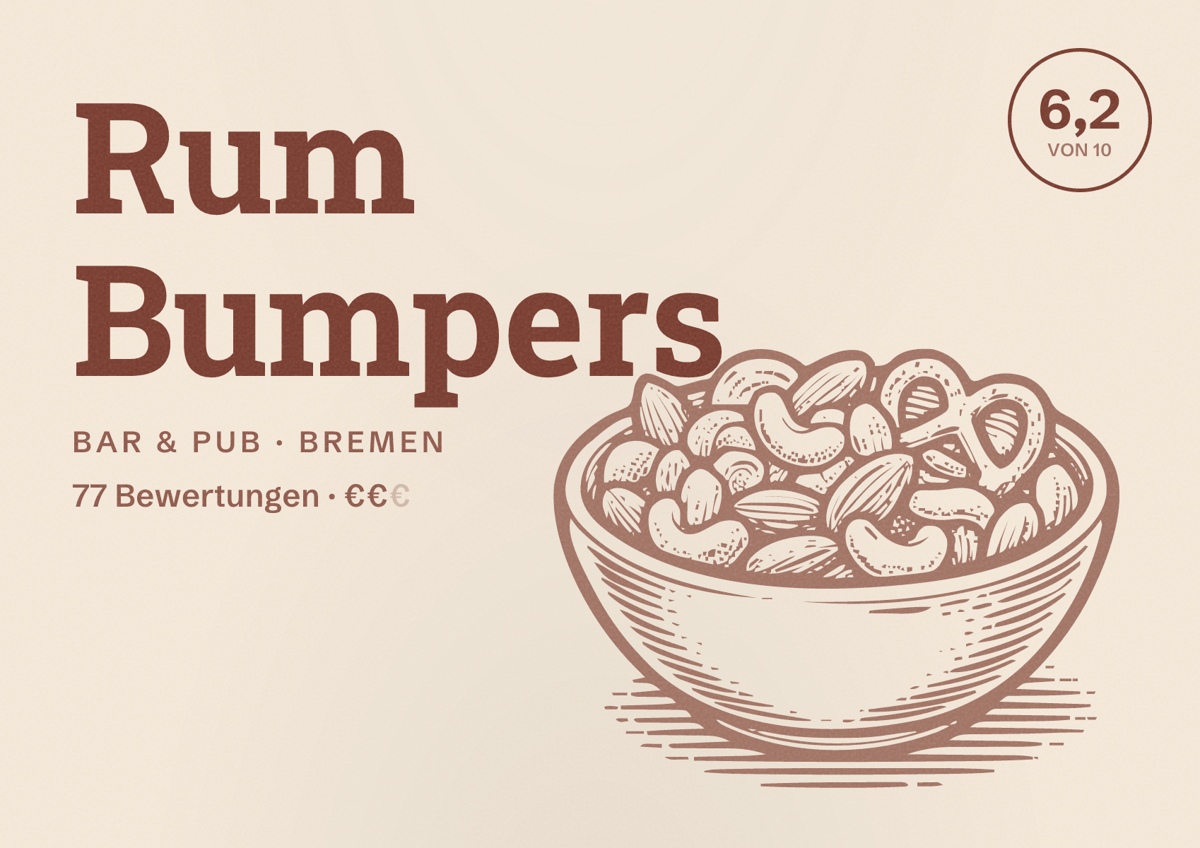 Illustriertes Poster von Rum Bumpers, Bar & Pub in Bremen: Bewertung 6,2 von 10 aus 77 Bewertungen, Preisniveau €€