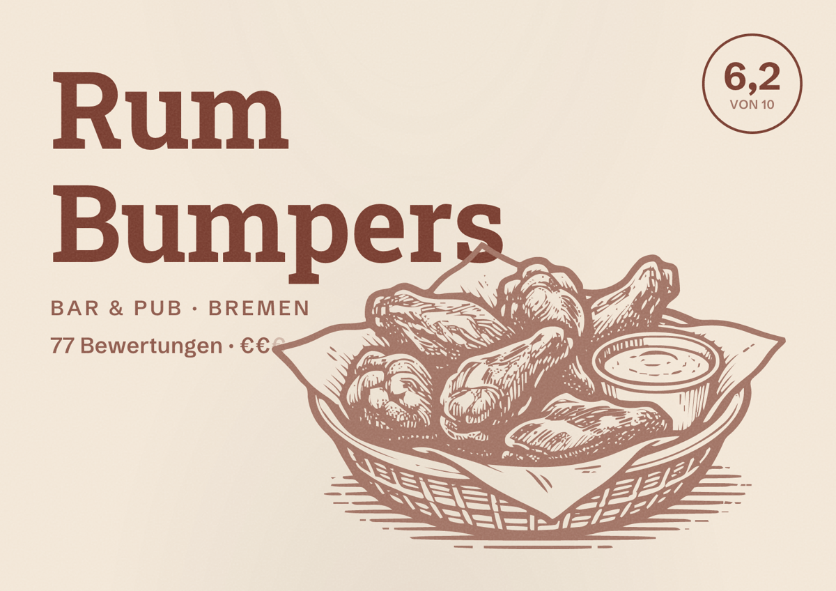 Illustriertes Poster von Rum Bumpers, Bar & Pub in Bremen: Bewertung 6,2 von 10 aus 77 Bewertungen, Preisniveau €€
