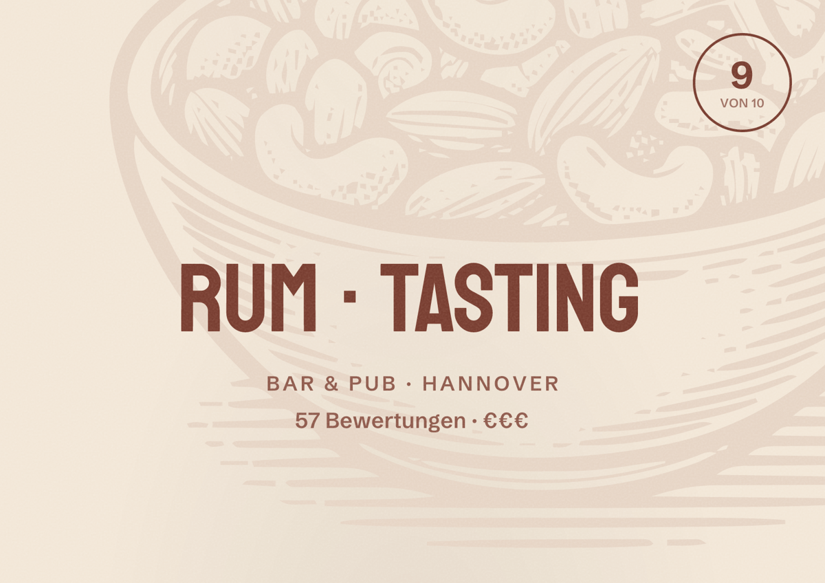 Illustriertes Poster von Rum Tasting, Bar & Pub in Hannover: Bewertung 9,0 von 10 aus 57 Bewertungen, Preisniveau €€€