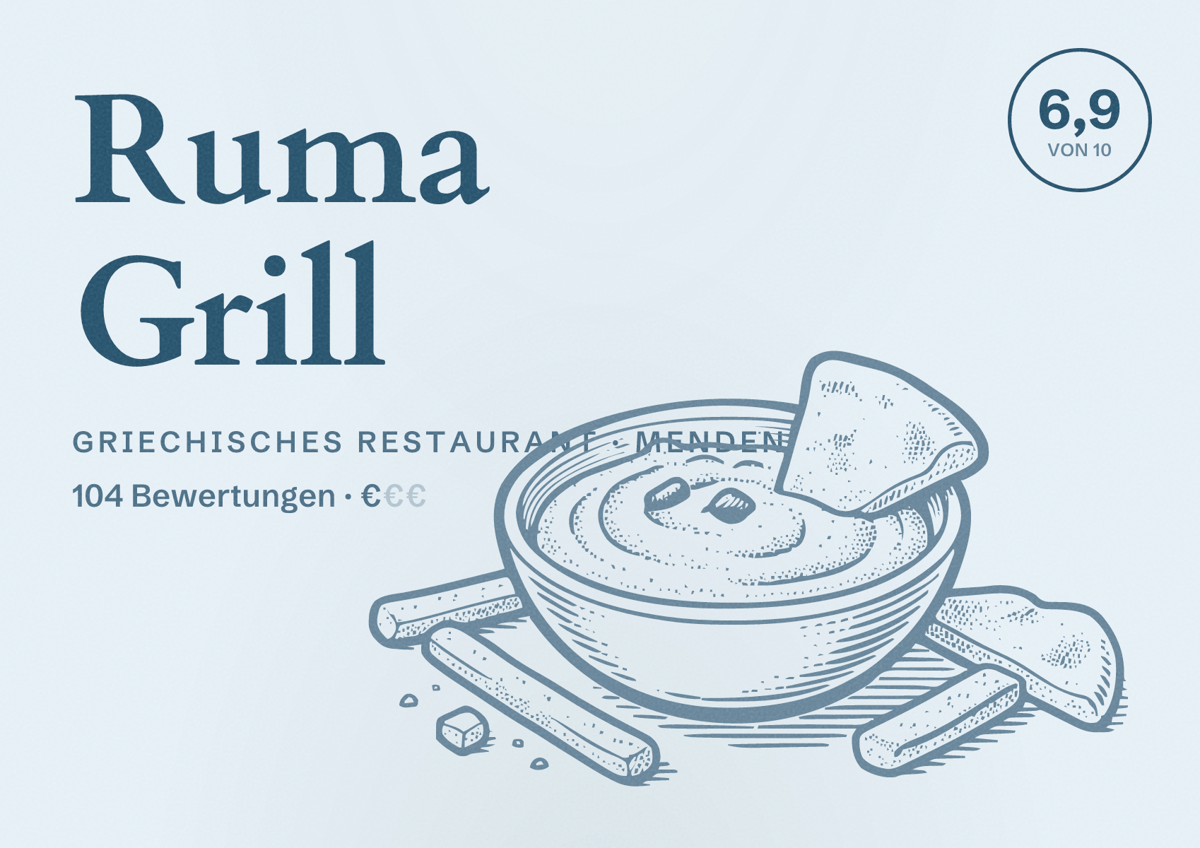 Illustriertes Poster von Ruma Grill, Griechisches Restaurant in Menden: Bewertung 6,9 von 10 aus 104 Bewertungen, Preisniveau €