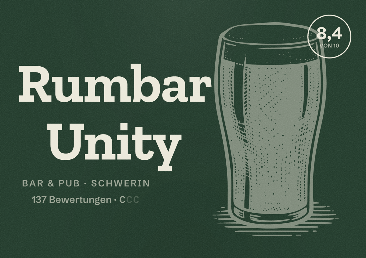 Illustriertes Poster von Rumbar Unity, Bar & Pub in Schwerin: Bewertung 8,4 von 10 aus 137 Bewertungen, Preisniveau €
