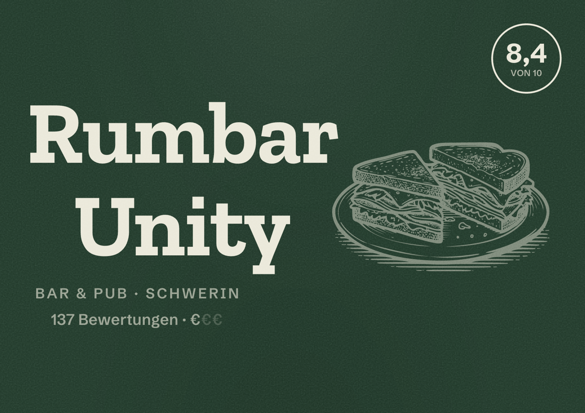 Illustriertes Poster von Rumbar Unity, Bar & Pub in Schwerin: Bewertung 8,4 von 10 aus 137 Bewertungen, Preisniveau €