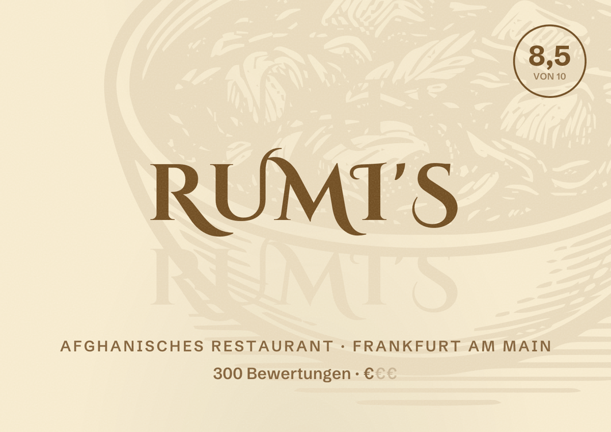 Illustriertes Poster von Rumi's, Afghanisches Restaurant in Frankfurt am Main: Bewertung 8,5 von 10 aus 300 Bewertungen, Preisniveau €