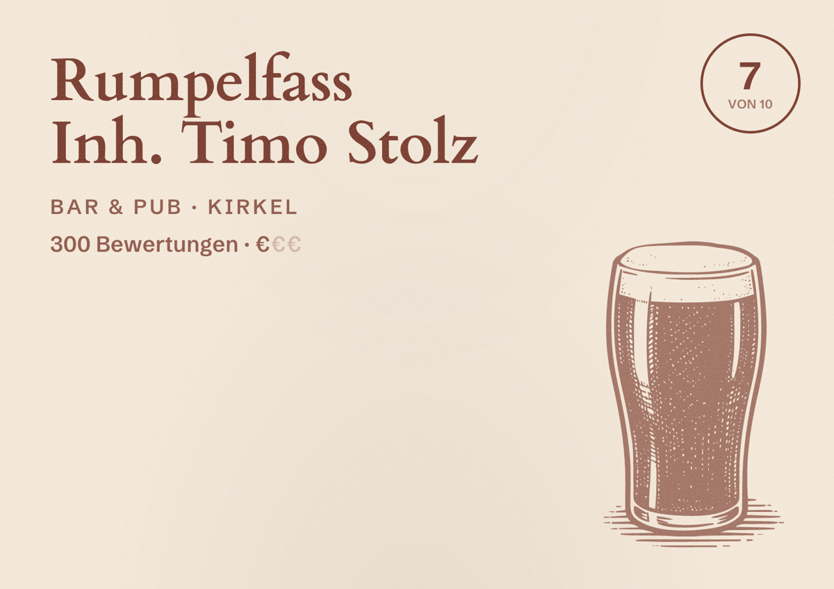 Illustriertes Poster von Rumpelfass Inh. Timo Stolz, Bar & Pub in Kirkel: Bewertung 7 von 10 aus 300 Bewertungen, Preisniveau €