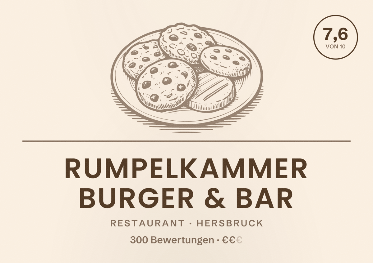 Illustriertes Poster von Rumpelkammer Burger & Bar, Restaurant in Hersbruck: Bewertung 7,6 von 10 aus 300 Bewertungen, Preisniveau €€