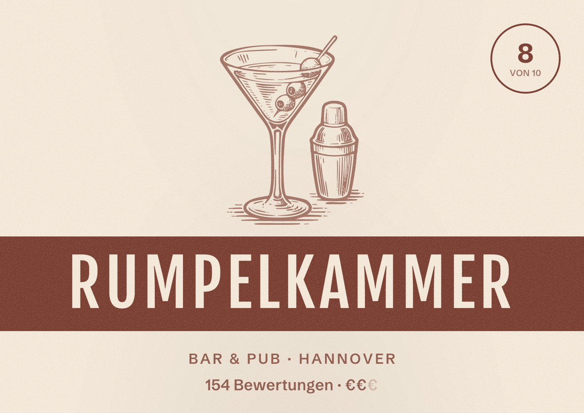 Illustriertes Poster von Rumpelkammer, Bar & Pub in Hannover: Bewertung 8 von 10 aus 154 Bewertungen, Preisniveau €€