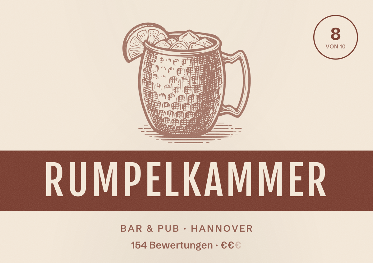 Illustriertes Poster von Rumpelkammer, Bar & Pub in Hannover: Bewertung 8,0 von 10 aus 154 Bewertungen, Preisniveau €€