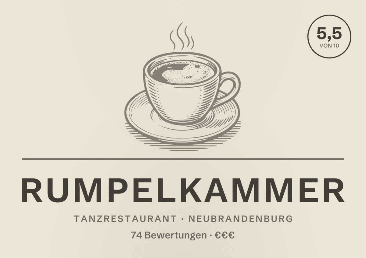 Illustriertes Poster von Rumpelkammer, Tanzrestaurant in Neubrandenburg: Bewertung 5,5 von 10 aus 74 Bewertungen, Preisniveau €€€