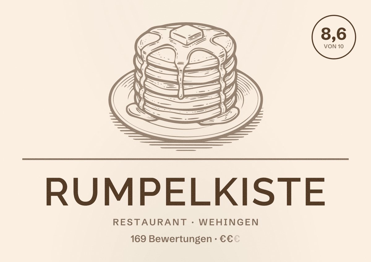 Illustriertes Poster von Rumpelkiste, Restaurant in Wehingen: Bewertung 8,6 von 10 aus 169 Bewertungen, Preisniveau €€