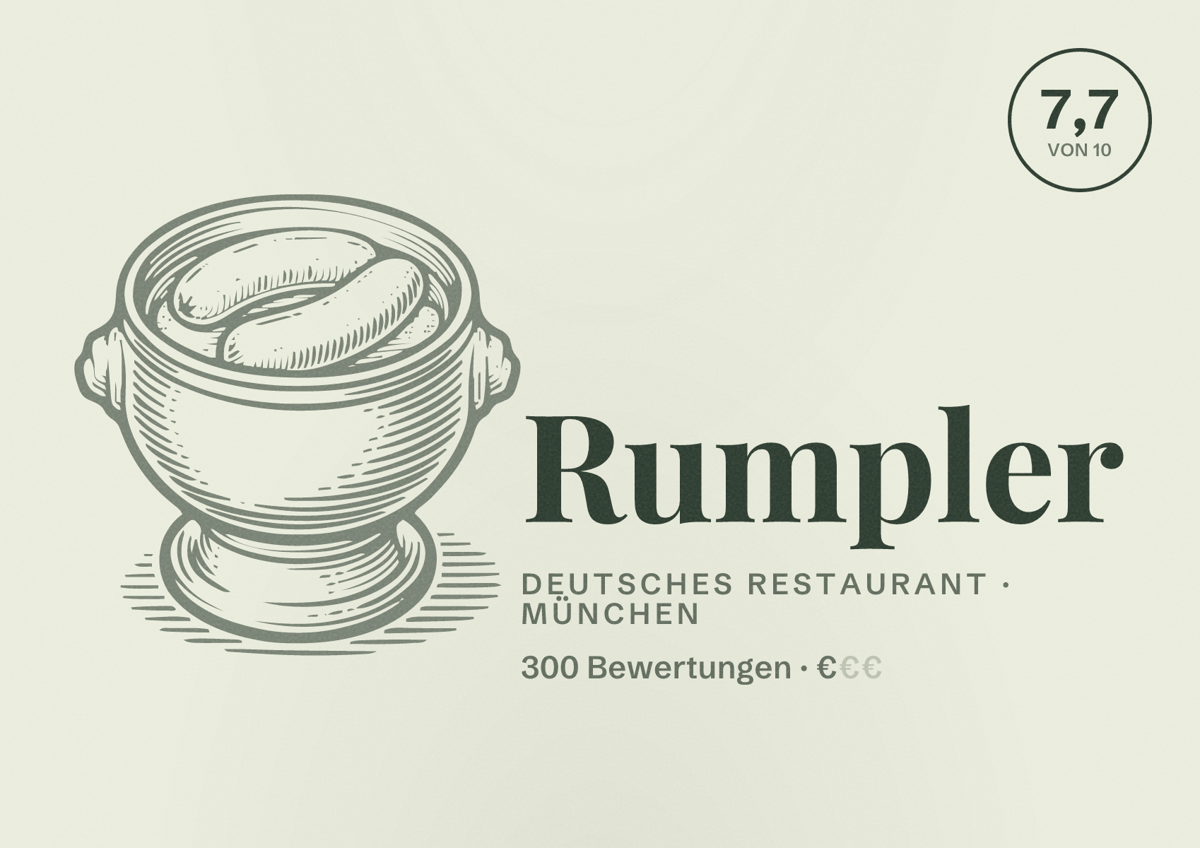 Illustriertes Poster von Rumpler, Deutsches Restaurant in München: Bewertung 7,7 von 10 aus 300 Bewertungen, Preisniveau €