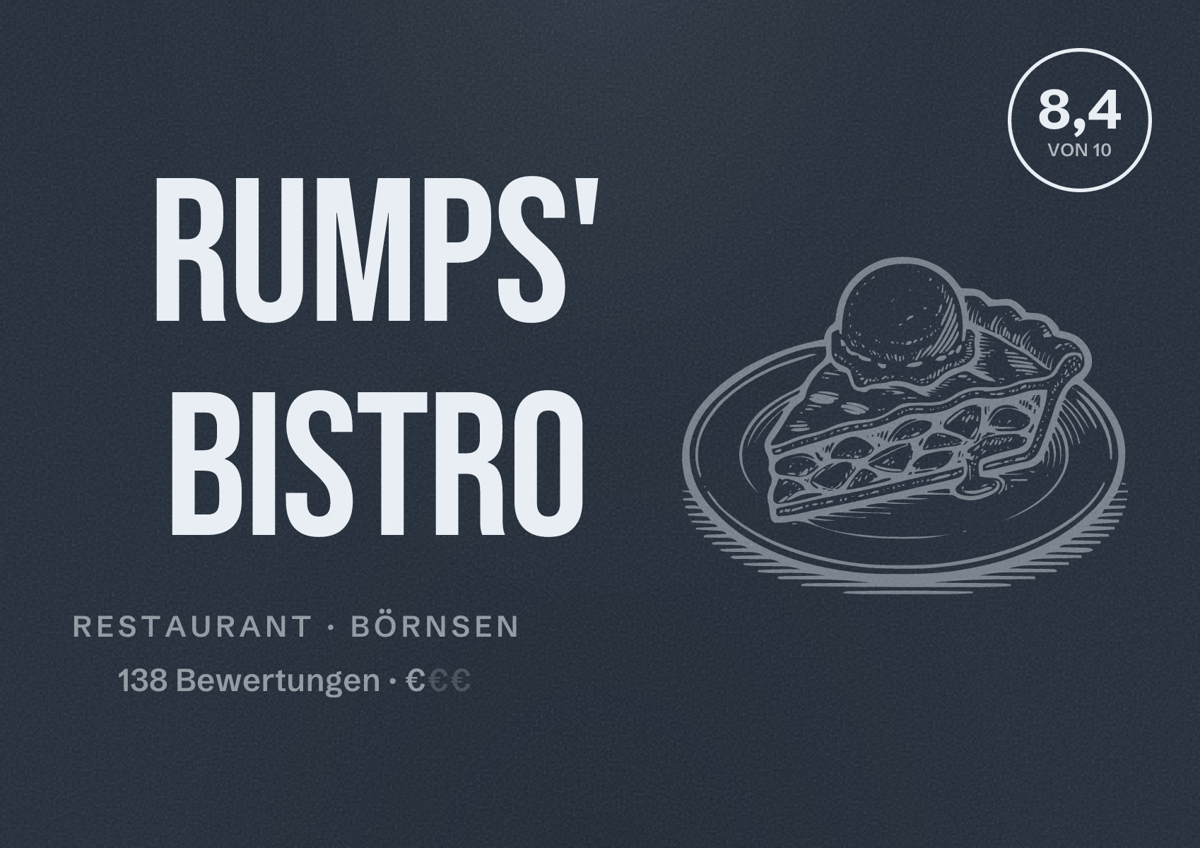 Illustriertes Poster von Rumps' Bistro, Restaurant in Börnsen: Bewertung 8,4 von 10 aus 138 Bewertungen, Preisniveau €