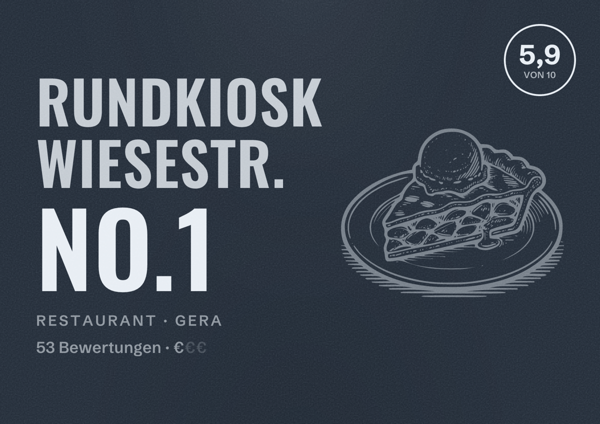 Illustriertes Poster von Rundkiosk Wiesestr. No.1, Restaurant in Gera: Bewertung 5,9 von 10 aus 53 Bewertungen, Preisniveau €