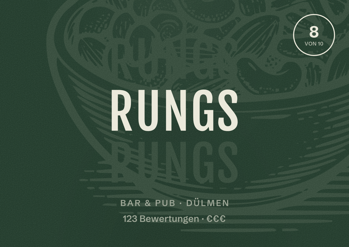 Illustriertes Poster von Rungs, Bar & Pub in Dülmen: Bewertung 8 von 10 aus 123 Bewertungen, Preisniveau €€€
