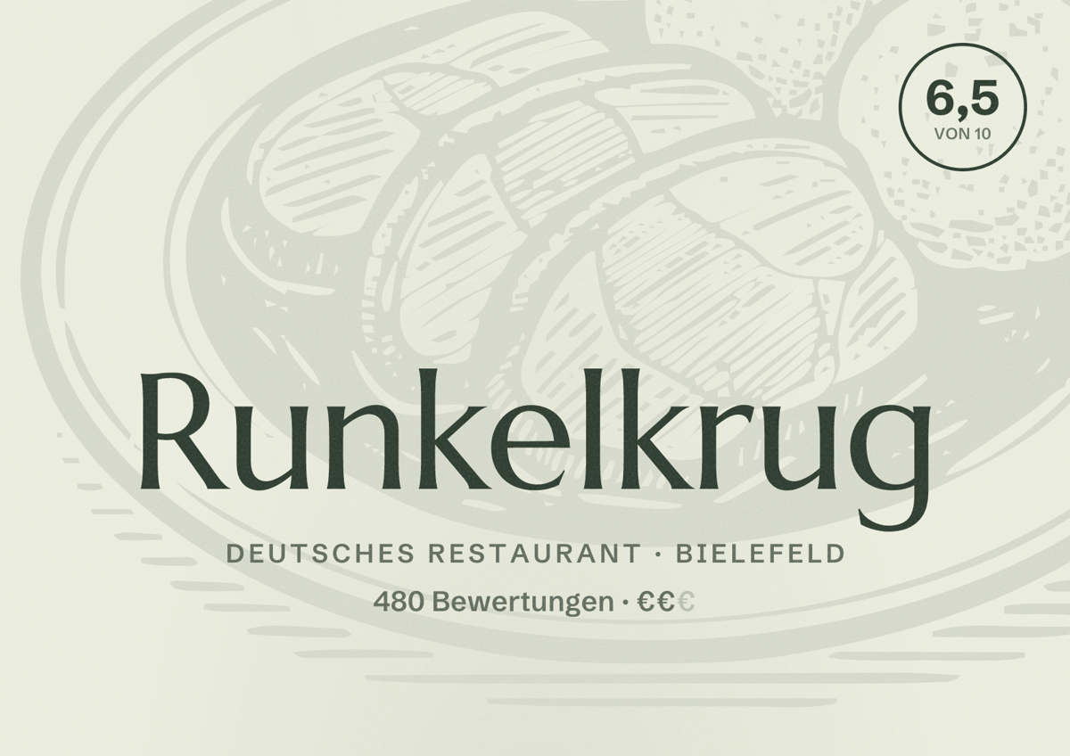 Illustriertes Poster von Runkelkrug, Deutsches Restaurant in Bielefeld: Bewertung 6,5 von 10 aus 480 Bewertungen, Preisniveau €€