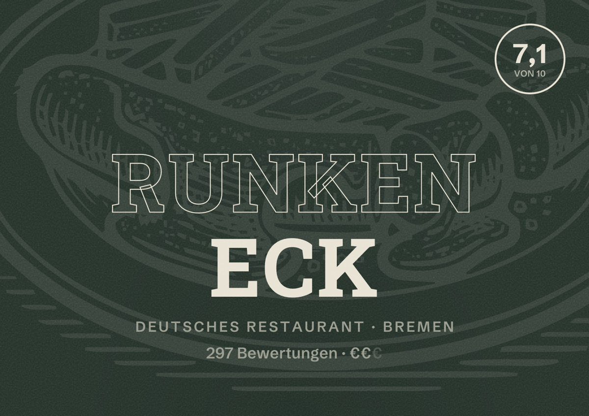 Illustriertes Poster von Runken Eck, Deutsches Restaurant in Bremen: Bewertung 7,1 von 10 aus 297 Bewertungen, Preisniveau €€